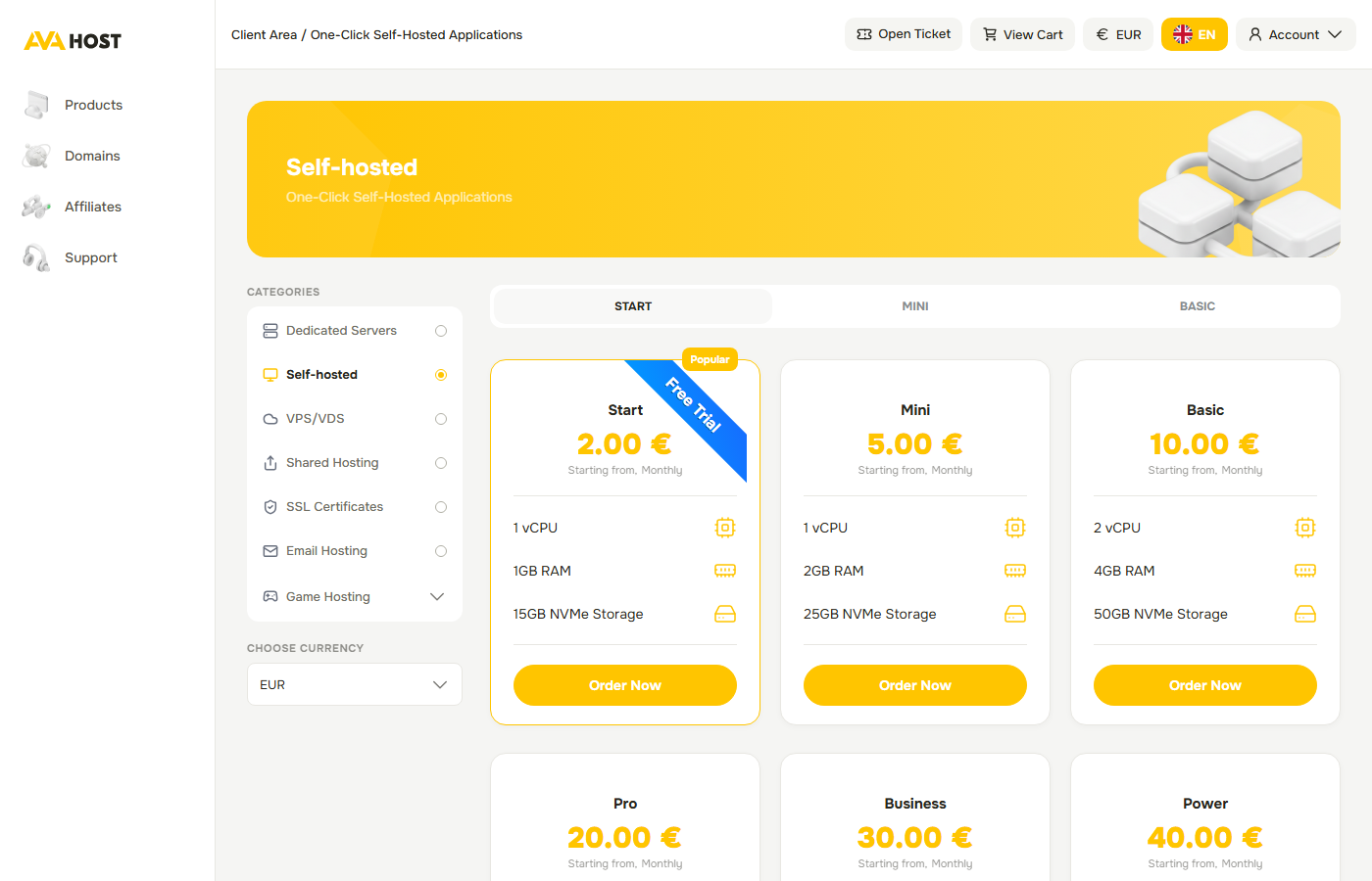 Ava.hosting Selbstgehostete Plan-Store-Seite mit sechs Produktkarten - Startet bei EUR 2 mit 1 vCPU, 1GB RAM und 15GB NVMe, Mini bei EUR 5, Basic bei EUR 10, Pro bei EUR 20, Business bei EUR 30 und Power bei EUR 40 - neben einer Kategorieliste, die Dedizierte Server, VPS/VDS und Shared Hosting umfasst