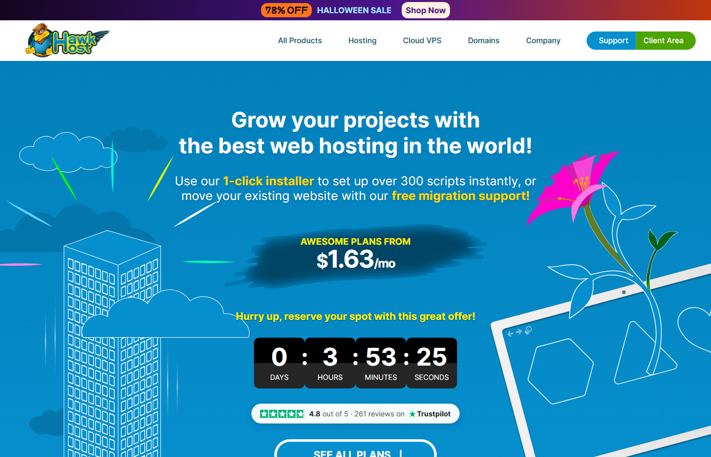 HawkHost Halloween Sale Landingpage mit einem 78%-Rabattbanner und dem Hauptpreis von 1.63 USD pro Monat über einem Countdown-Timer und einer 4,8 von 5 Sternen Bewertung bei Trustpilot basierend auf 261 Bewertungen