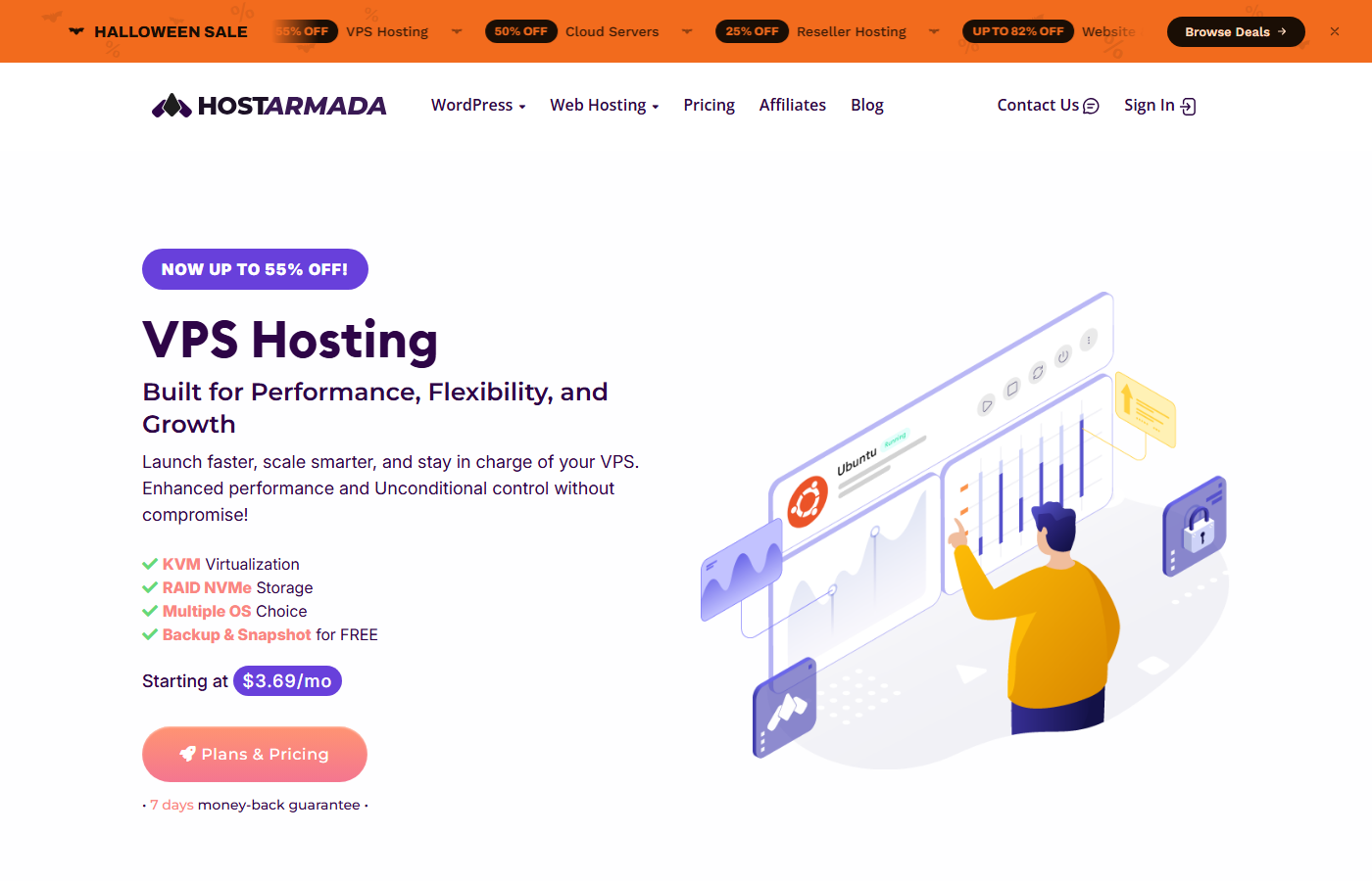 HostArmada VPS Hosting page under the Halloween Sale banner, showing the 55% off VPS Hosting promotion and the starting price of $3.69 per month, with the KVM virtualization, RAID NVMe storage, multi-OS choice and free backup and snapshot features listed alongside