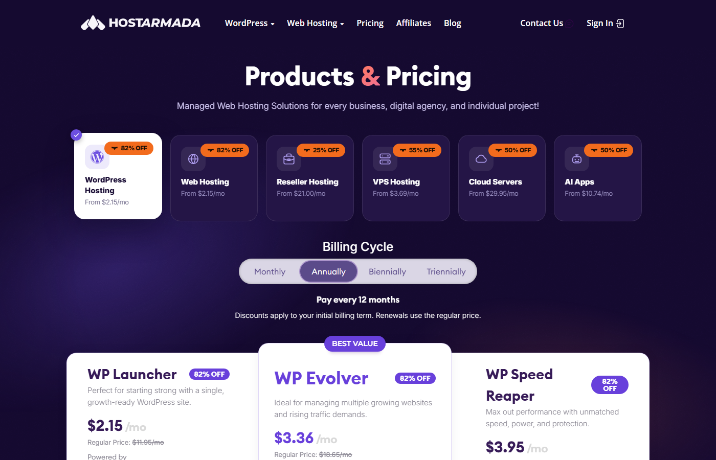 HostArmada Produkt- und Preisübersichtsseite mit sechs Produktkategorien und ihren Halloween-Rabatt-Aufklebern - WordPress-Hosting und Web-Hosting mit 82% Rabatt ab 2.15 € pro Monat, VPS-Hosting mit 55% Rabatt ab 3.69 €, Reseller-Hosting mit 25% Rabatt und Cloud-Server mit 50% Rabatt - über den WP Launcher, WP Evolver und WP Speed Reaper Karten