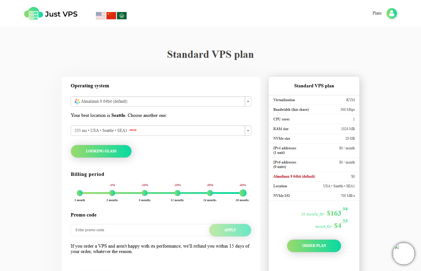 JustVPS order page for the Standard VPS plan showing the 36-month billing period at $163.94 in total, the billing period discount slider running to 40% off, the Promo code field, and the plan summary listing KVM virtualization, 300Mbps fair-share bandwidth, 1 CPU core, 1024MB RAM and 20GB NVMe