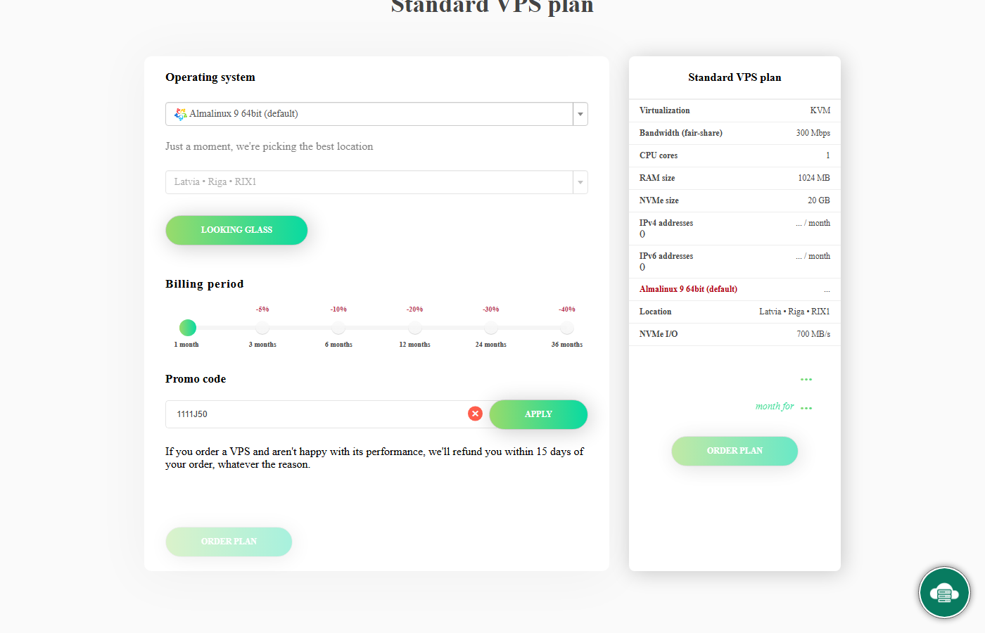 JustVPS order page showing the Standard VPS plan with 1 vCPU, 1GB of RAM, 20GB of NVMe storage and 300Mbps fair-share bandwidth, alongside the list of selectable datacenter locations