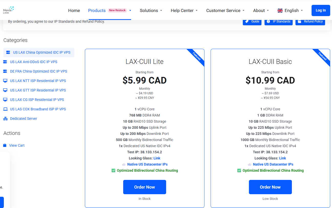 NovixLink store page for US LAX China Optimized IDC IP VPS showing the LAX-CUII Lite plan at 5.99 CAD per month and the LAX-CUII Basic plan at 10.99 CAD per month with their vCPU, RAM, RAID10 SSD, port speed and traffic allowances