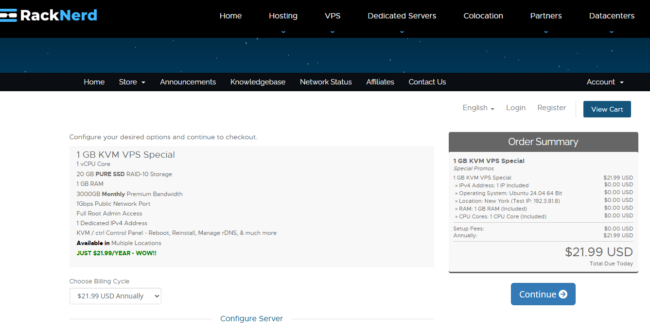 RackNerd order page for the 1 GB KVM VPS Special showing the $21.99 USD annual total, the included 1 vCPU core, 20 GB PURE SSD RAID-10 storage, 3TB monthly premium bandwidth and the datacenter selection dropdown