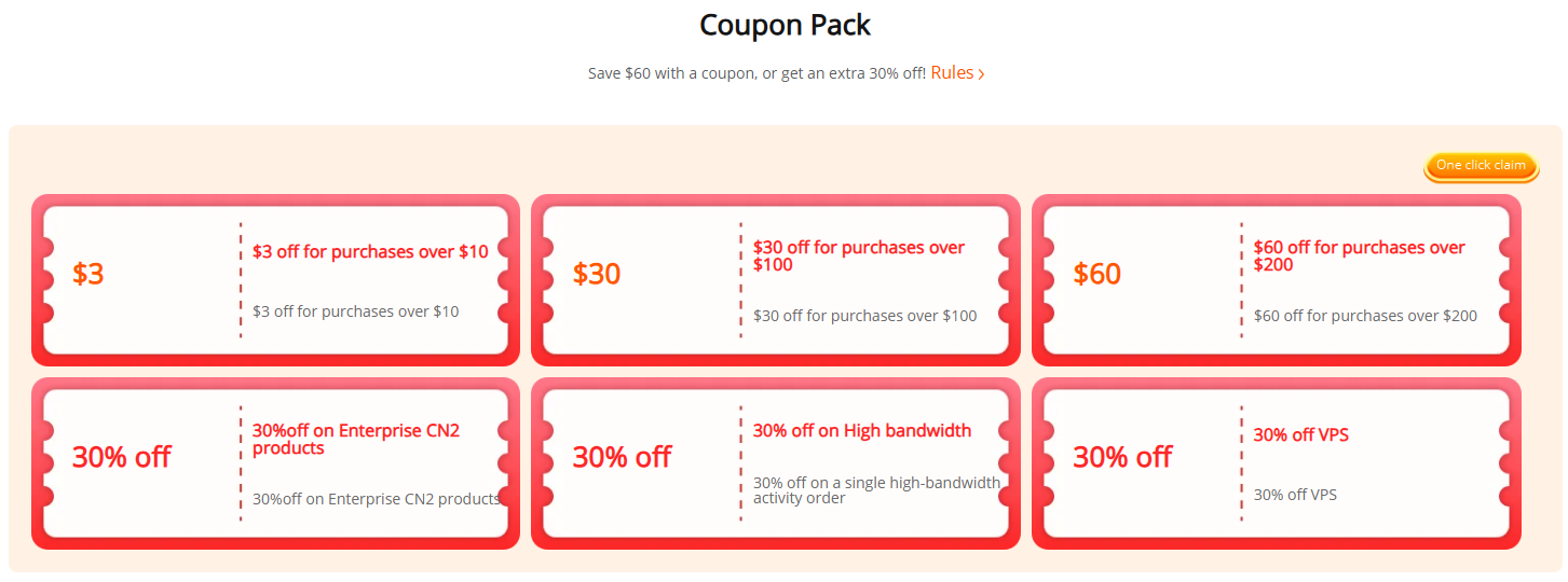 RAKsmart Coupon Pack auf der Seite mit den neuesten Aktionen zeigt sechs einlösbare Gutscheine - $3 Rabatt ab einem Einkaufswert von $10, $30 Rabatt ab einem Einkaufswert von $100, $60 Rabatt ab einem Einkaufswert von $200, 30% Rabatt auf Enterprise CN2 Produkte, 30% Rabatt auf Produkte mit hoher Bandbreite und 30% Rabatt auf VPS - mit einem Klick einlösbar