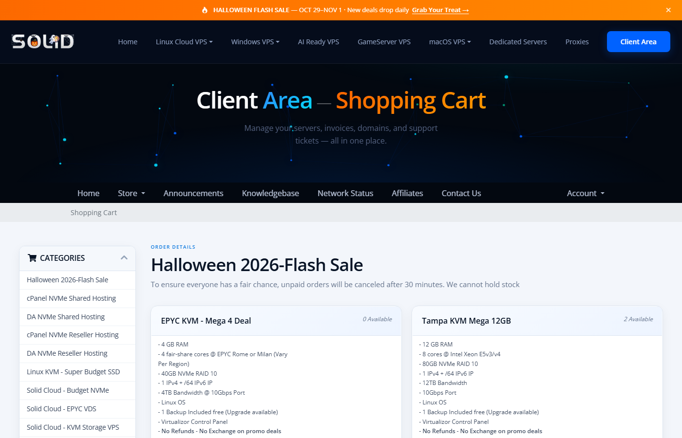 SolidVPS Halloween flash sale category page listing the discounted VPS and dedicated server configurations with their CPU, memory, storage and monthly price