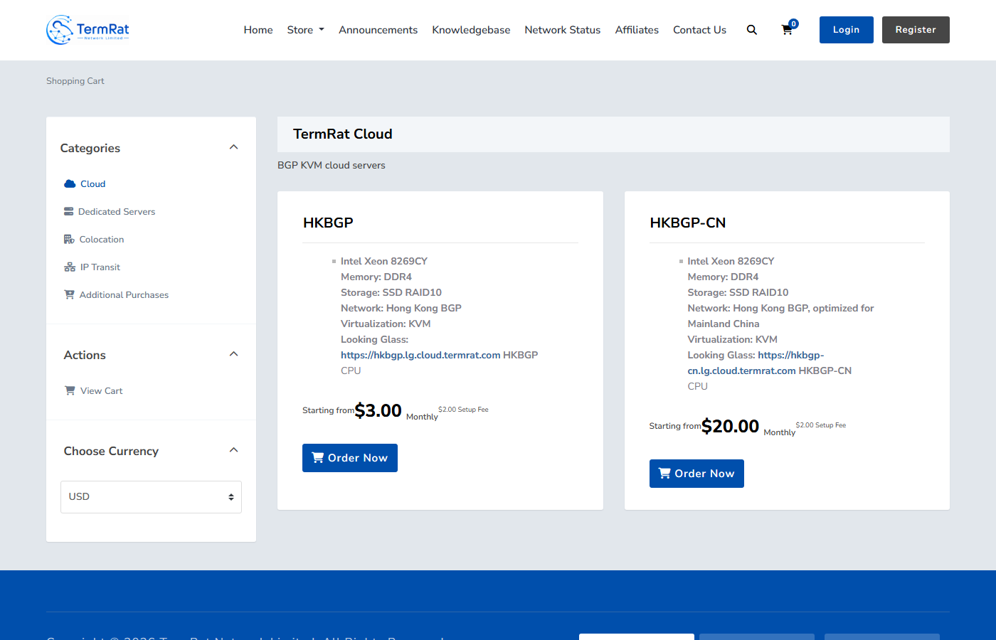 Pagina del negozio TermRat che mostra i due prodotti cloud BGP KVM di Hong Kong affiancati: HKBGP a $3.00 al mese e HKBGP-CN a $20.00 al mese, entrambi su Intel Xeon 8269CY con memoria DDR4, storage SSD RAID-10, virtualizzazione KVM e una tariffa di installazione di $2.00