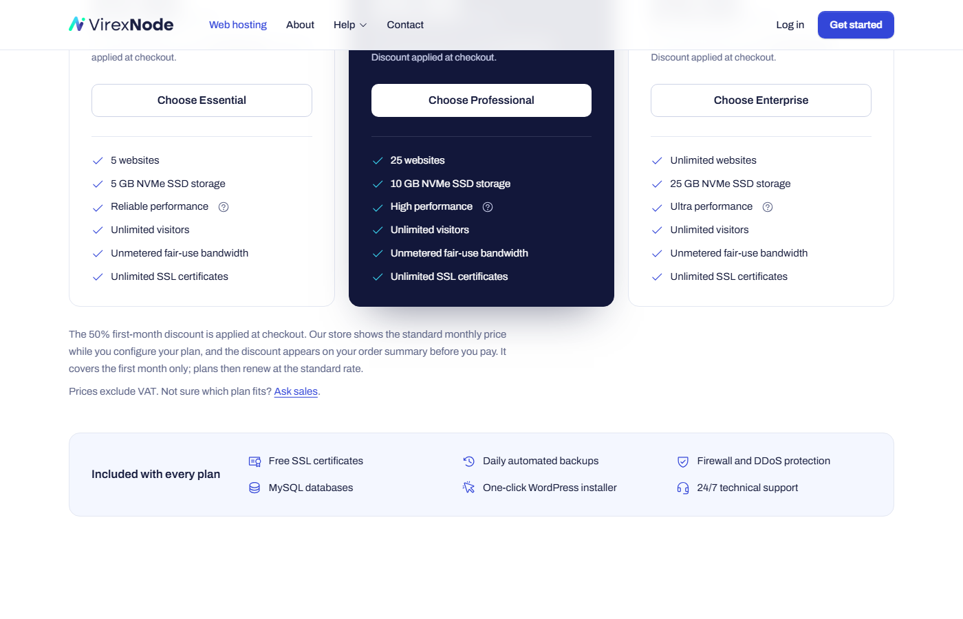 VirexNode Plan-Karten für Essential, Professional und Enterprise mit Angaben zu 5, 25 und unbegrenzten Websites, NVMe SSD-Speicher von 5GB, 10GB und 25GB, unbegrenztem fairem Nutzungsbandbreite, unbegrenzten Besuchern und unbegrenzten SSL-Zertifikaten auf jedem Plan
