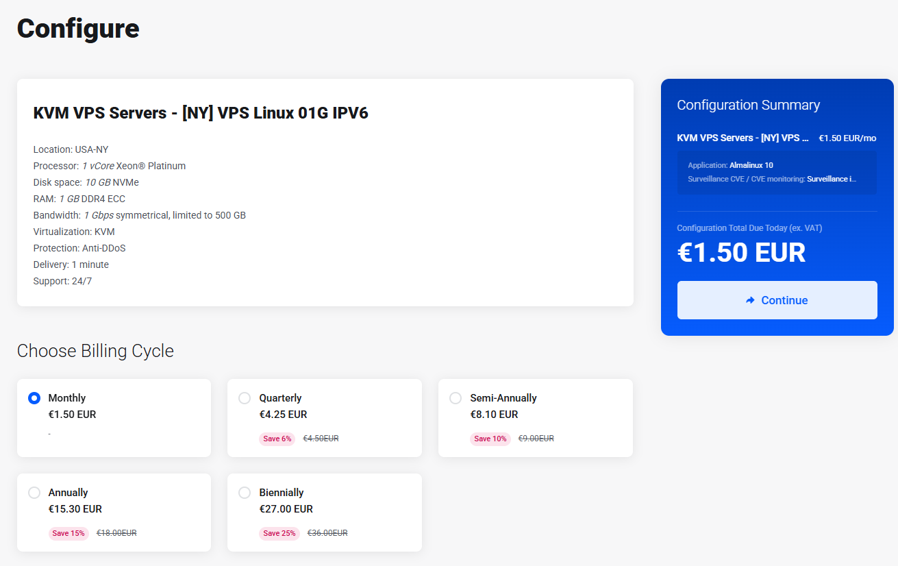 OuiHeberg Configure: KVM VPS Servers [NY] Linux 01G IPv6 ابتداءً من 1.50 يورو/شهر