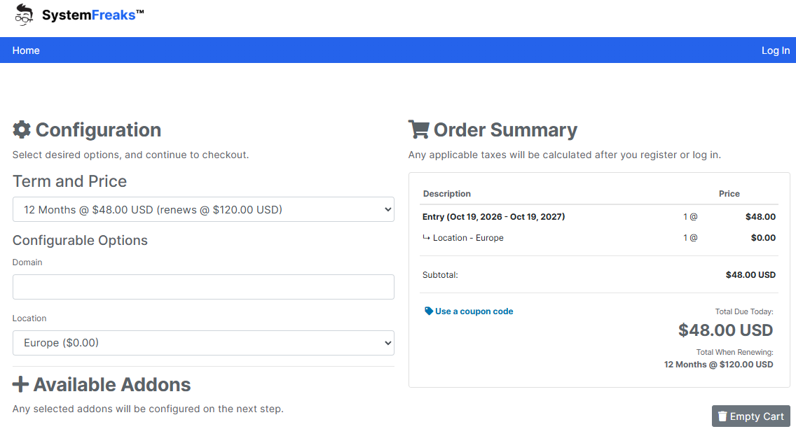 SystemFreaks ENTRY: 12개월 $48 USD(갱신 시 $120 USD) 호스팅 구성