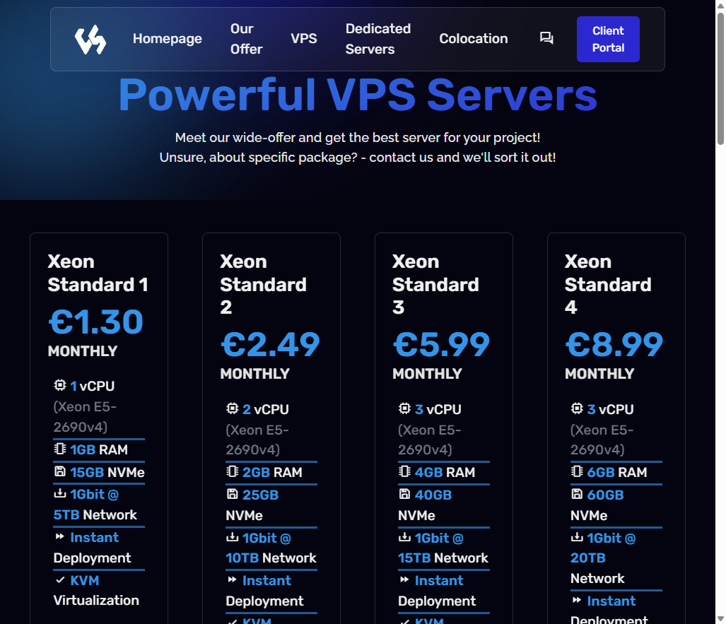 ChunkServe Xeon Standard VPS price screenshot