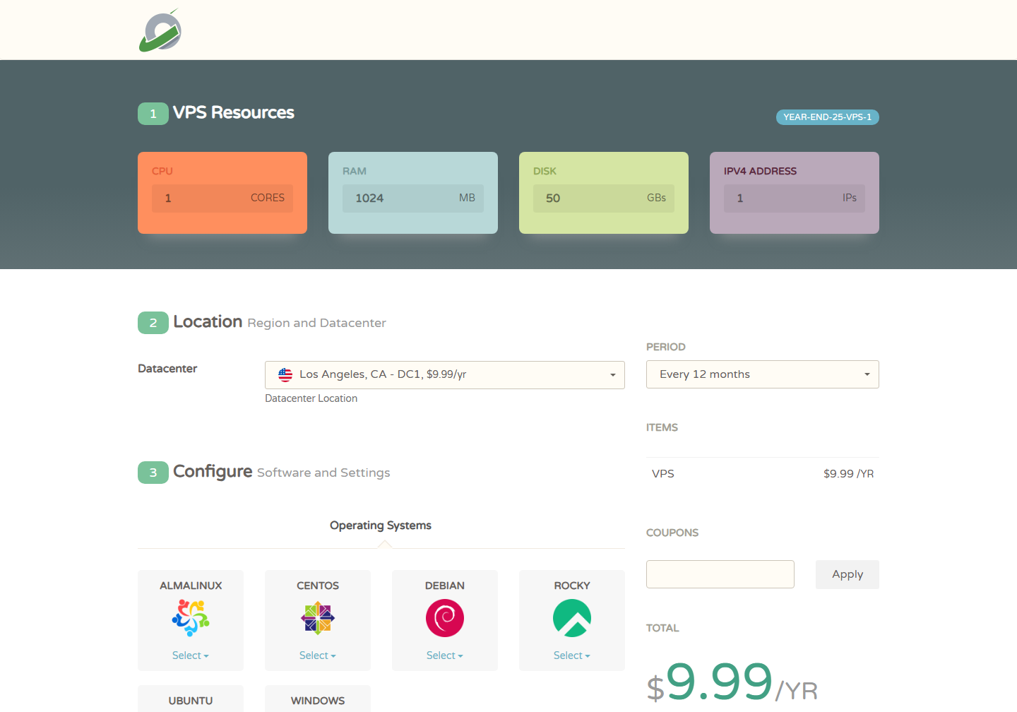 CloudCone VPS plan and price screenshot