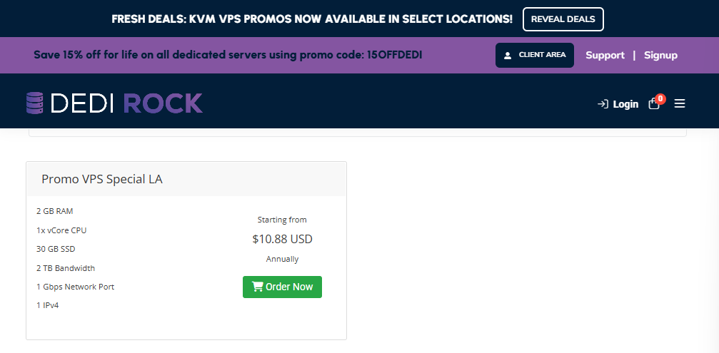 DediRock Promo VPS Special LA price screenshot