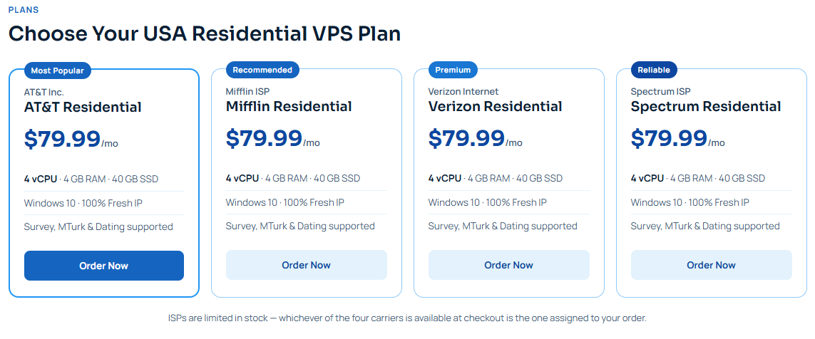 RDPServerVPS plans screenshot