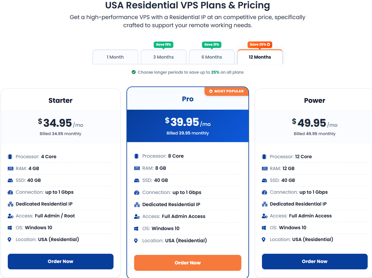 ResidentialVPS plans screenshot