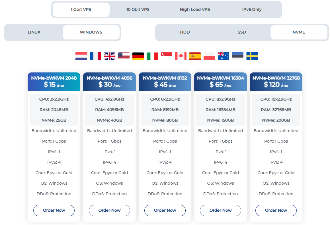 BlueVPS plans screenshot