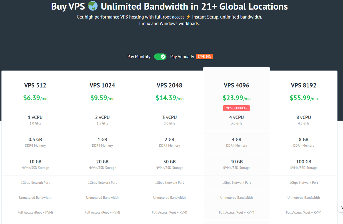 OperaVPS plans screenshot