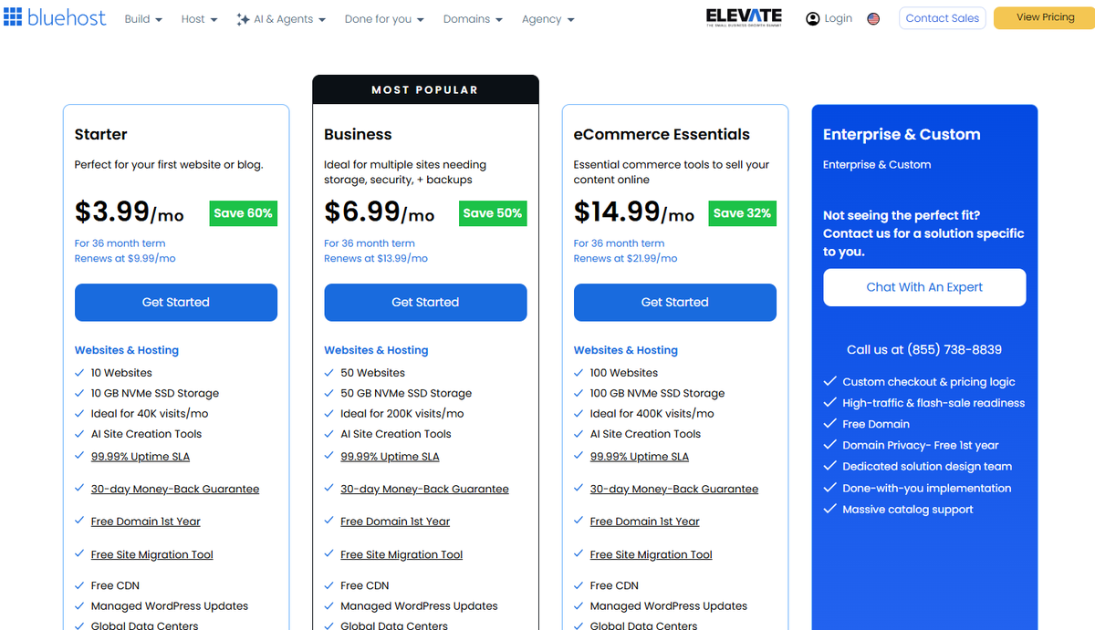 Bluehost plans screenshot