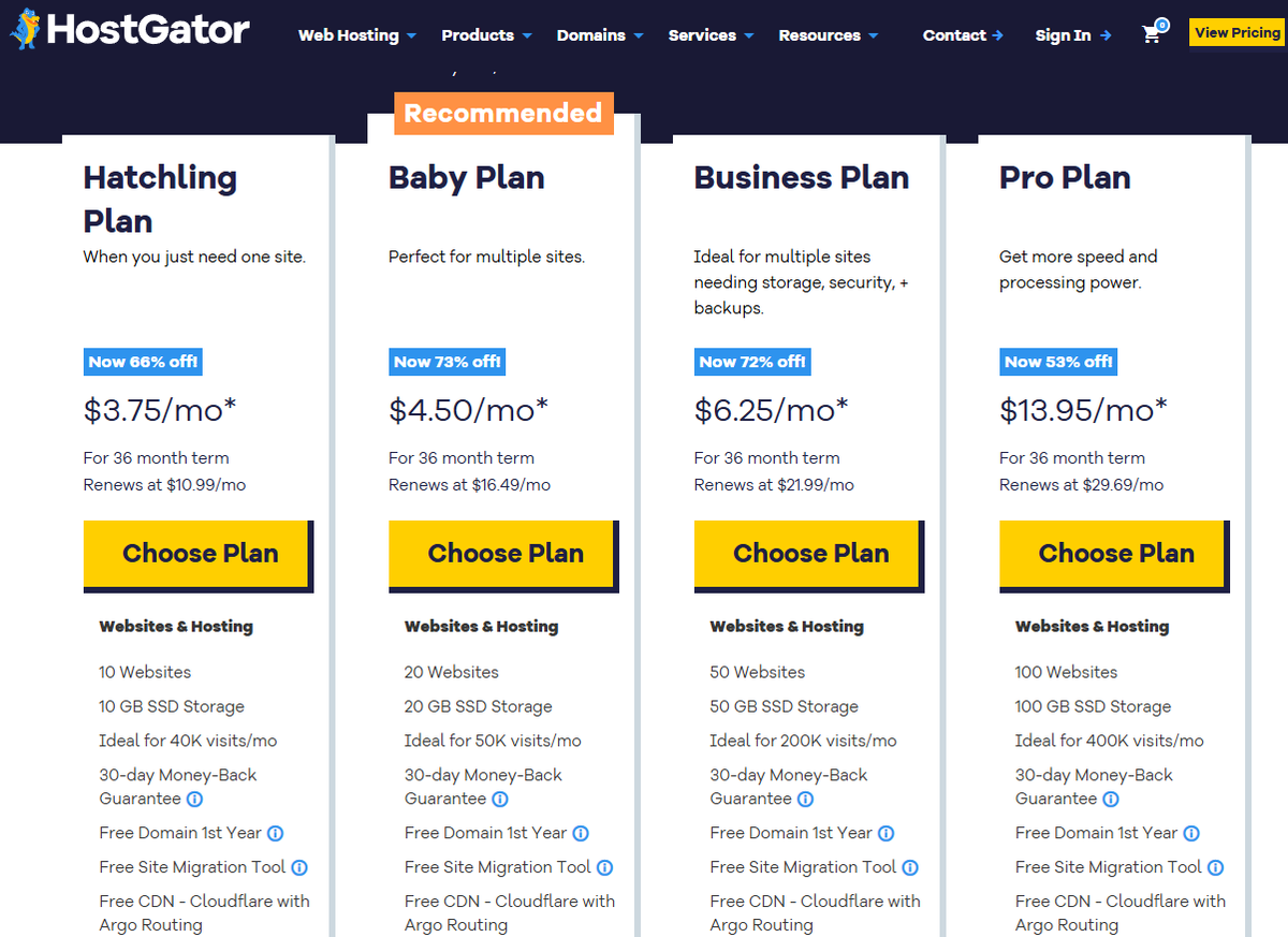 HostGator plans screenshot