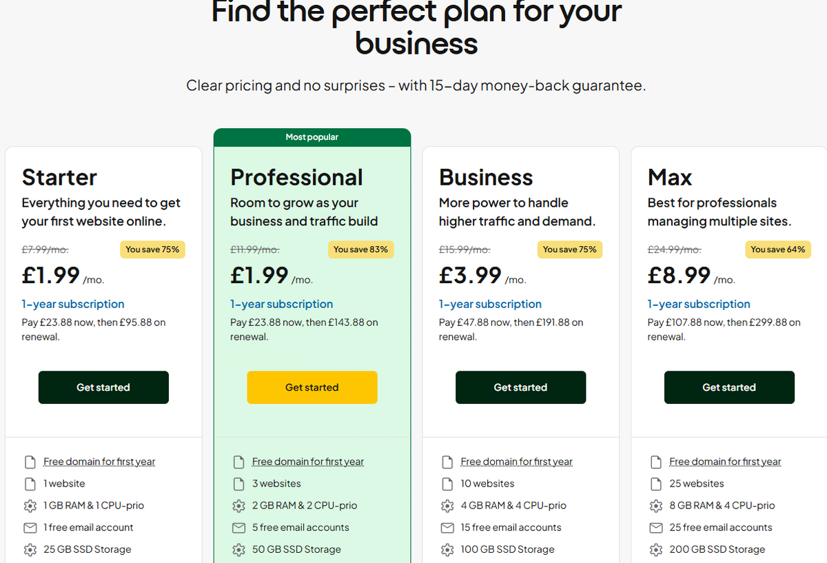 One.com plans screenshot
