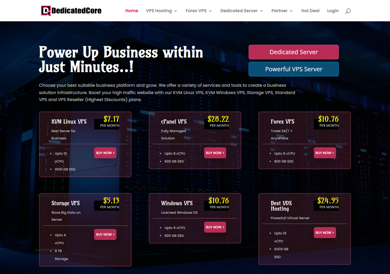 DedicatedCore official website homepage