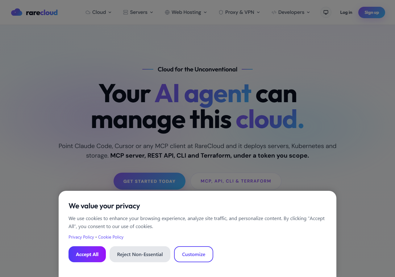RareCloud official website homepage
