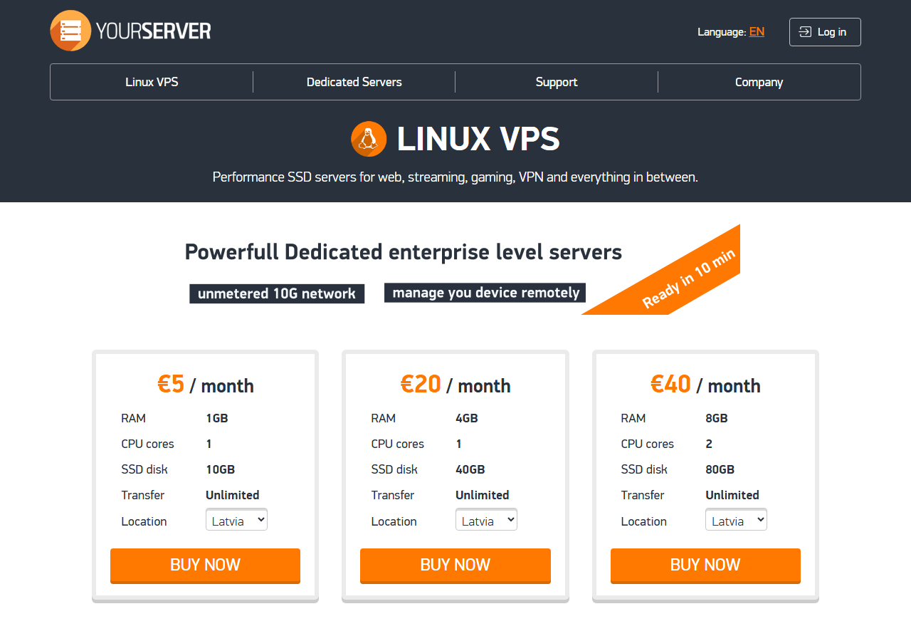 YourServer.se official website homepage